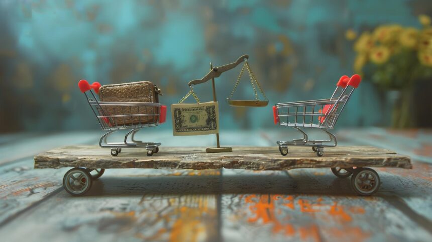 Waga kreskówkowa porównująca portfel i koszyk do zakupów symbolizująca siłę wydatków konsumentów