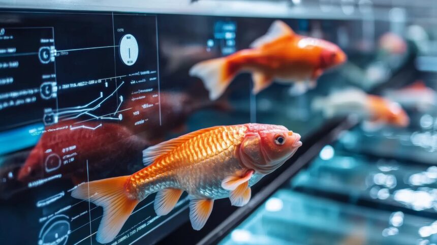 zaawansowany technologicznie obiekt akwakultury, w którym zautomatyzowane systemy monitorują jakość wody, karmienie i ryby