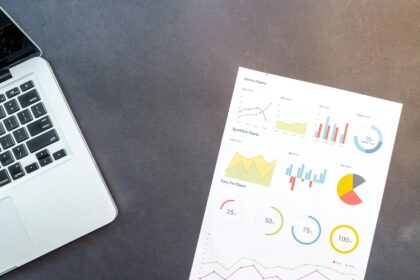 Modern desk setup with a laptop and analytical charts showcasing data interpretation and business analysis.